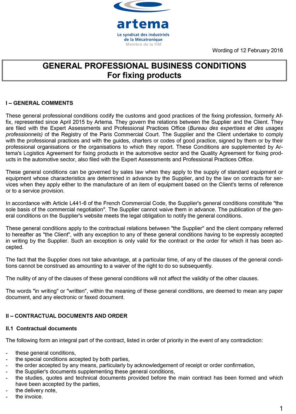 Conditions générales professionnelles d'affaires pour les produits de fixation - février 2016