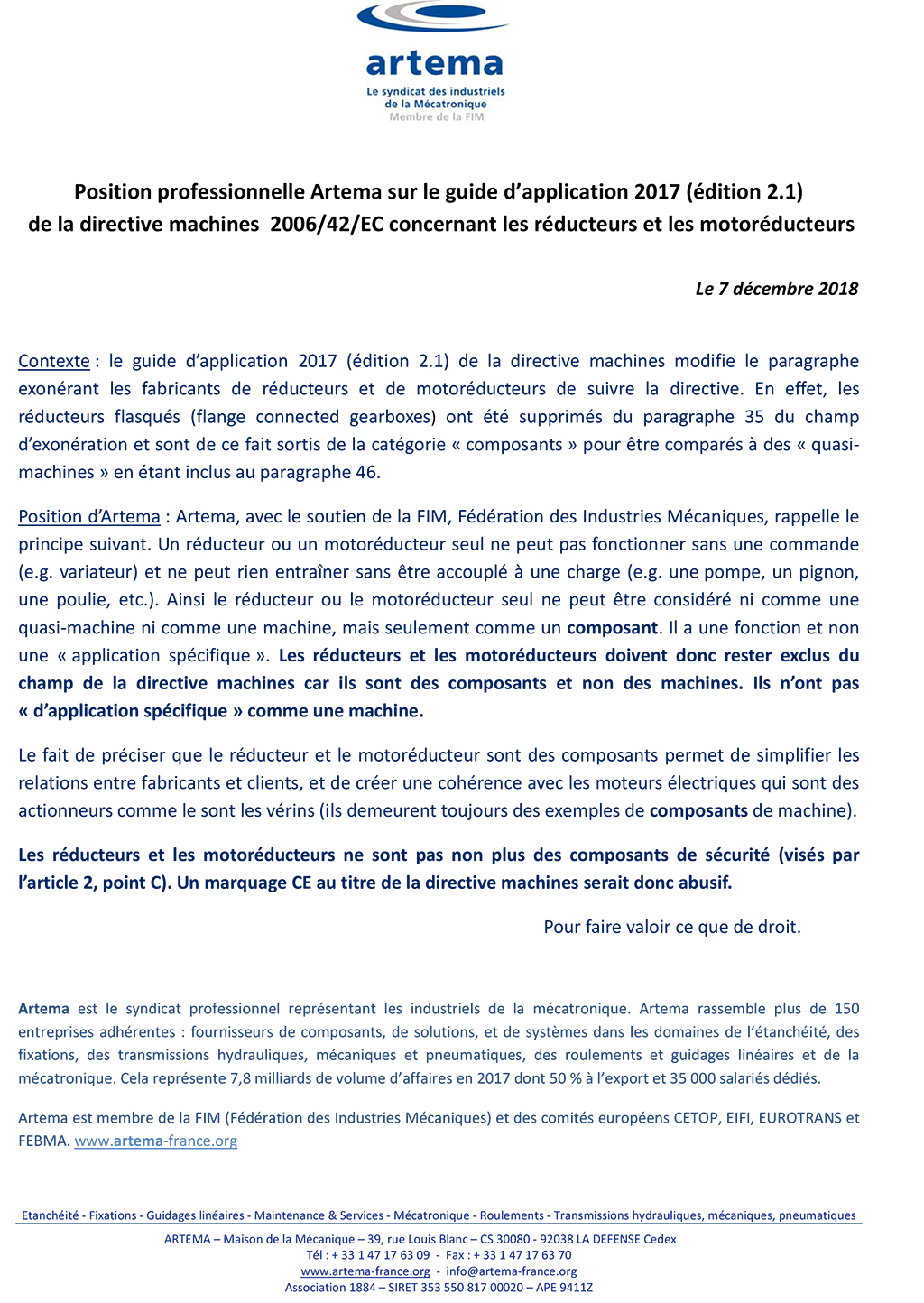 Position professionnelle Artema sur la Directive Machines concernant les réducteurs et les motoréducteurs