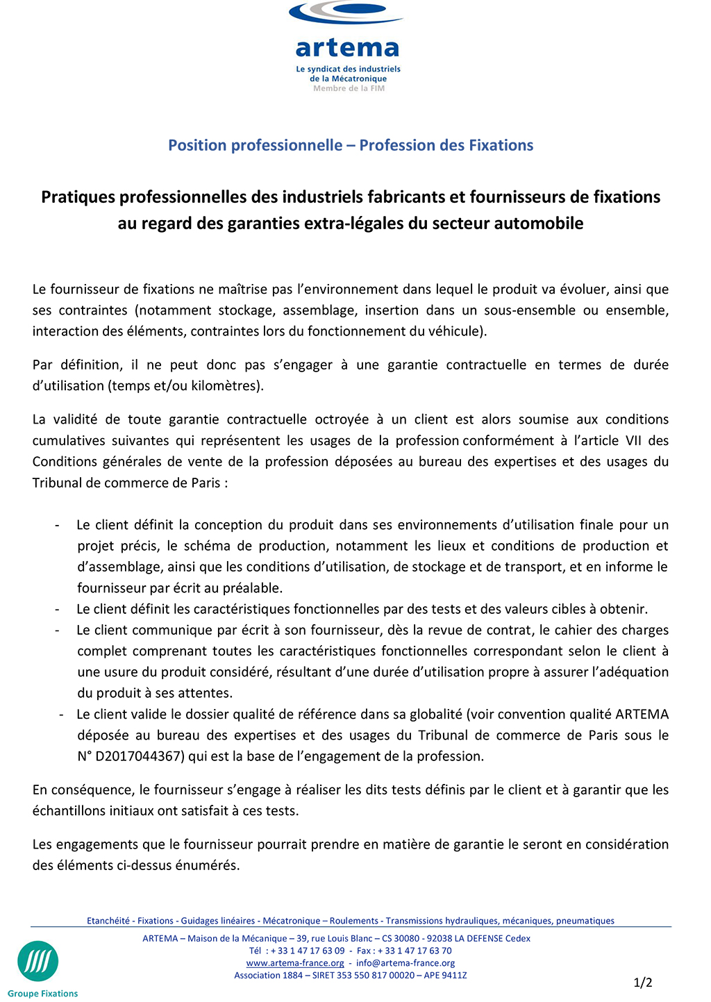 Pratiques professionnelles des industriels fabricants et fournisseurs de fixations au regard des garanties extra-légales du secteur automobile Avril 2019