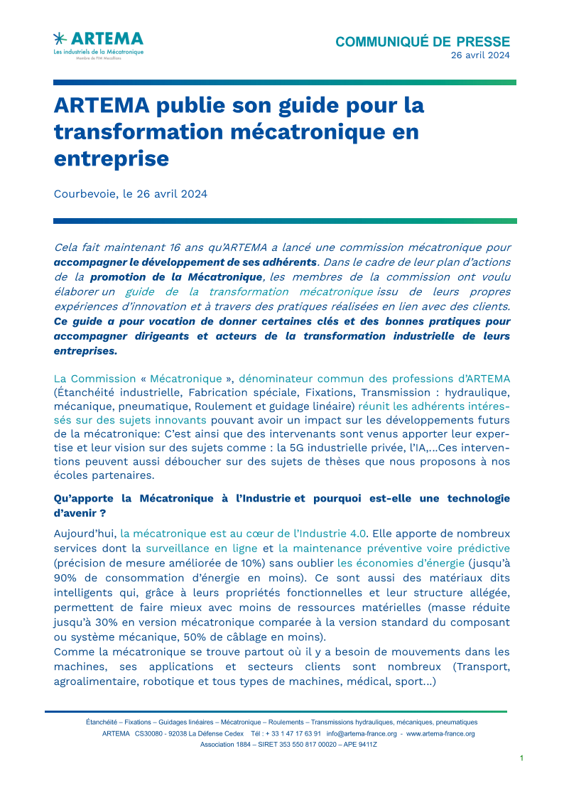 ARTEMA publie son guide pour la transformation mécatronique en entreprise : le communiqué de presse
