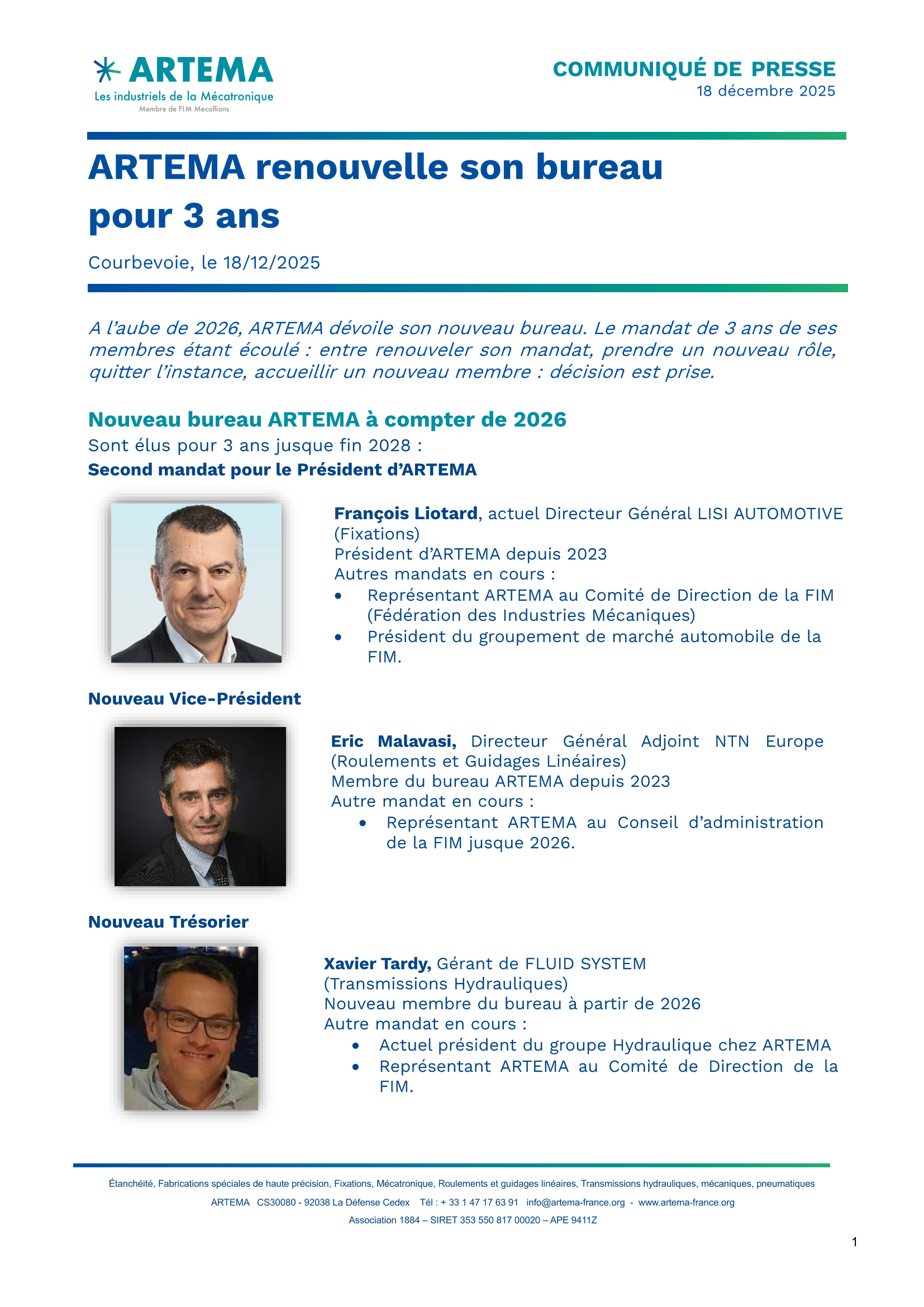 ARTEMA renouvelle son bureau pour 3 ans